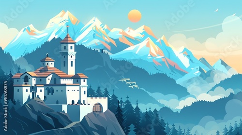 A majestic castle perched atop a mountain, overlooking a vast valley with snow-capped peaks in the distance. photo