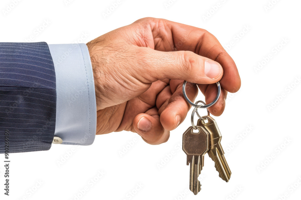 Hand holding house keys with keychain, isolated on white background. PNG without background Hand holding house keys with keychain, isolated on white background. PNG without background