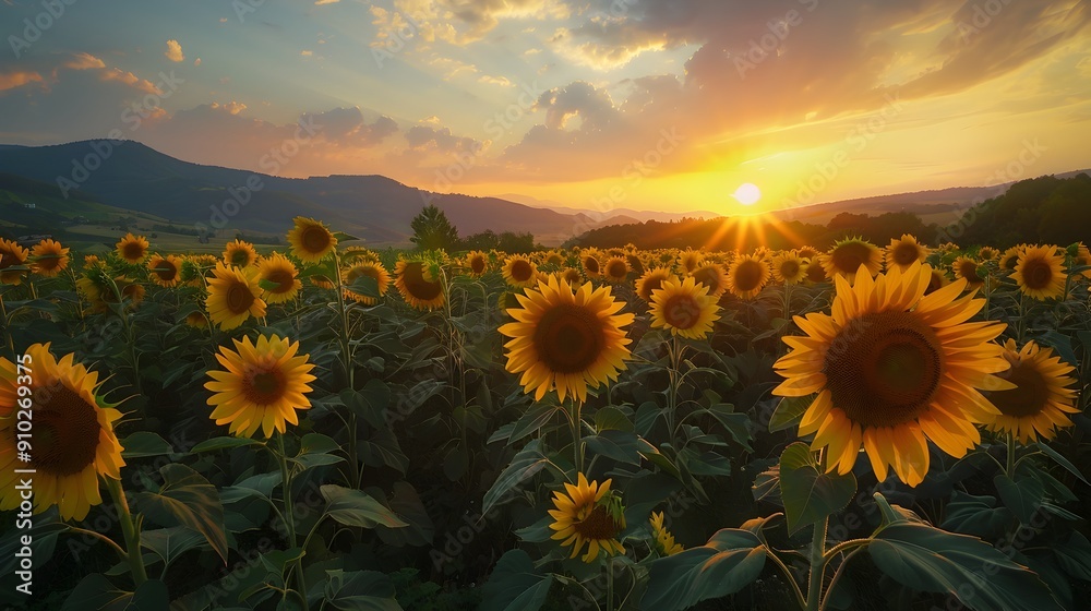 Fototapeta premium Stunning Sunflower Field at Picturesque Sunset in Countryside Landscape