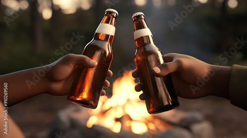 Two friends toast with beer bottles by a cozy campfire, surrounded by nature, enjoying a moment of relaxation and camaraderie.