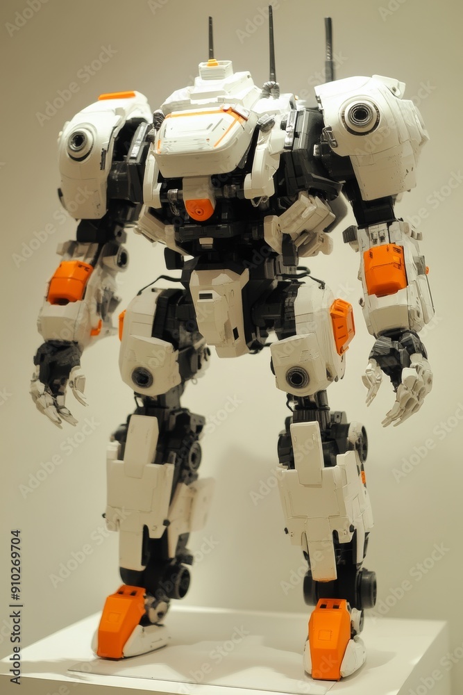 Close-up of a futuristic robot sculpture, showcasing intricate details and a sleek design with vibrant orange accents. Close-up of a futuristic robot sculpture, showcasing intricate details and a sleek design with vibrant orange accents.