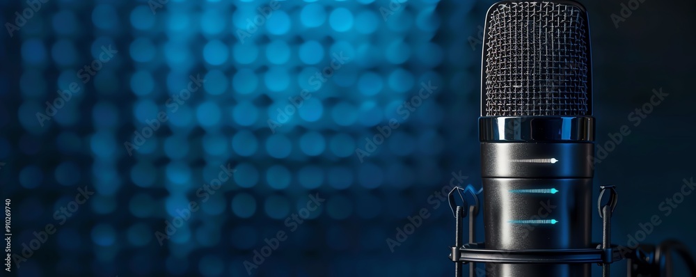 Conference microphone with audio levels on a corporate blue background, podcast banner graphic Conference microphone with audio levels on a corporate blue background, podcast banner graphic
