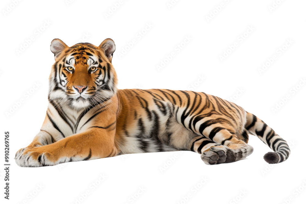 Obraz premium Tiger lying down on white background. PNG without background