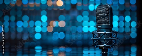 Conference microphone with audio levels on a corporate blue background, podcast banner graphic