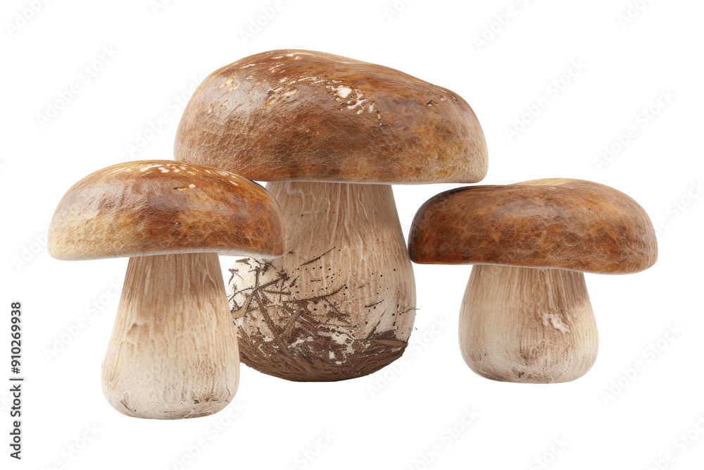 Three brown mushrooms with long stems, isolated on white background. PNG without background Three brown mushrooms with long stems, isolated on white background. PNG without background