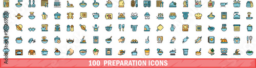 100 preparation icons set. Color line set of preparation vector icons thin line color flat on white