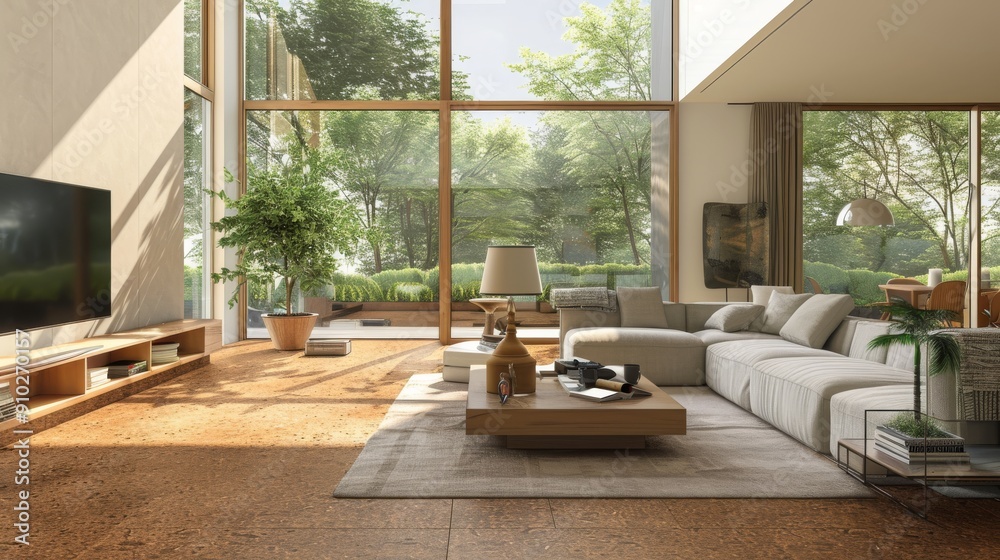 Bright and airy living room with modern decor, featuring a comfortable sofa, large windows, and a view of lush greenery. Bright and airy living room with modern decor, featuring a comfortable sofa, large windows, and a view of lush greenery.