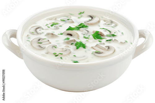 Bowl of creamy mushroom soup with herbs on white background.