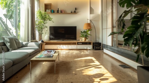 Bright and airy living room with modern decor, featuring a cozy gray sofa and lush green plants.