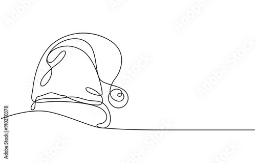 Continuous line drawing of cap of santa. Christmas hat one line icon. One line drawing background. Vector illustration. Winter hat black icon, santa hats outline, one continuous line drawing, isolated