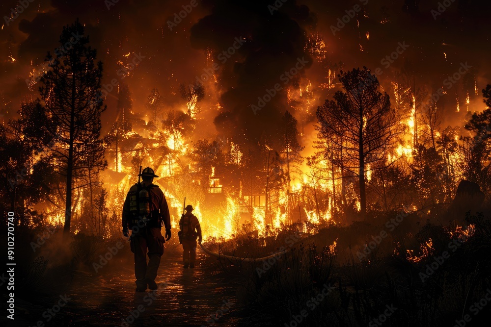 Fototapeta premium Brave firefighters are heroically combatting a blazing inferno during the dark night hours