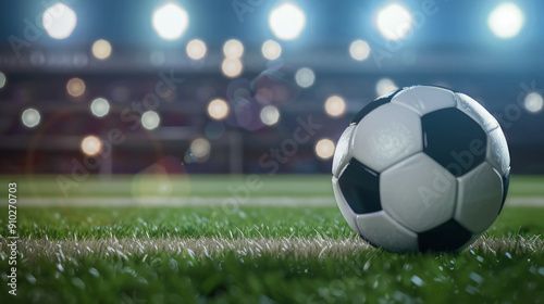 Soccer ball on field, illuminated stadium lights, night game atmosphere, sports theme