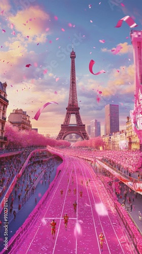 A vibrant scene of runners in pink attire racing towards the Eiffel Tower, surrounded by blooming cherry blossoms in Paris. photo