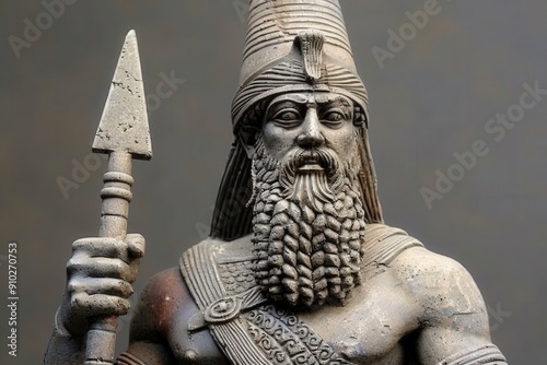 An imposing Assyrian warrior stands confidently, gripping a spear, adorned in intricate armor, embodying the spirit of ancient warfare and power. photo