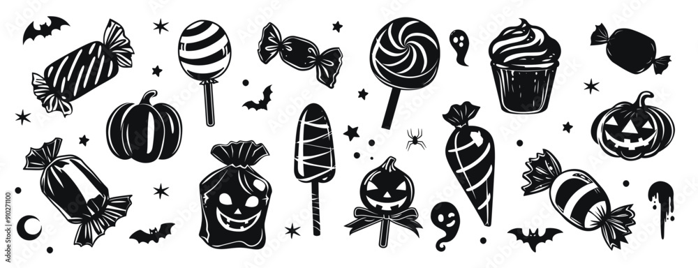 Halloween candies and sweets in black, vector silhouette illustration. Assorted spooky treats, including lollipops and candy wrappers. Halloween candies and sweets in black, vector silhouette illustration. Assorted spooky treats, including lollipops and candy wrappers.