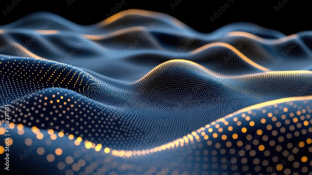 An abstract view of flowing waves with glowing dots, representing dynamic movement and digital technology in a dark setting. An abstract view of flowing waves with glowing dots, representing dynamic movement and digital technology in a dark setting.