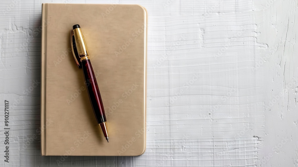 A stylish pen resting on a closed beige notebook, symbolizing creativity and organization. A stylish pen resting on a closed beige notebook, symbolizing creativity and organization.