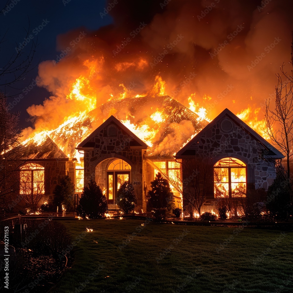 Brave firefighters are heroically combatting a blazing inferno during the dark night hours Brave firefighters are heroically combatting a blazing inferno during the dark night hours