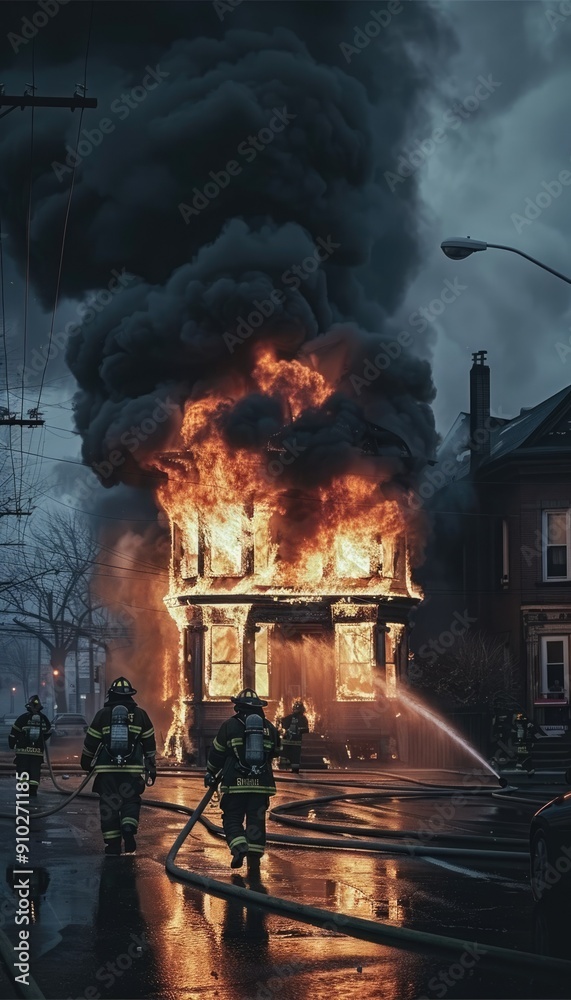 Brave firefighters are heroically combatting a blazing inferno during the dark night hours Brave firefighters are heroically combatting a blazing inferno during the dark night hours