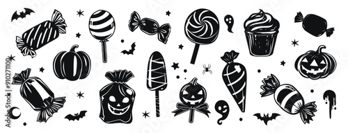 Halloween candies and sweets in black, vector silhouette illustration. Assorted spooky treats, including lollipops and candy wrappers.