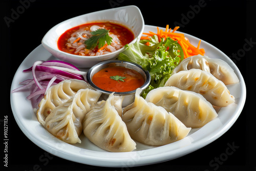 Delicious steamed momos with dipping sauce and fresh vegetables in aesthetic food photography photo