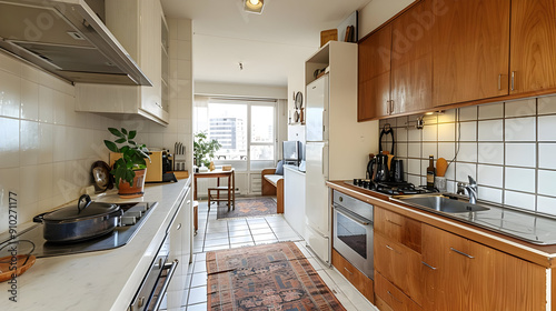 Modern Kitchen Interior with White Cabinets and Wooden Countertops - Photo