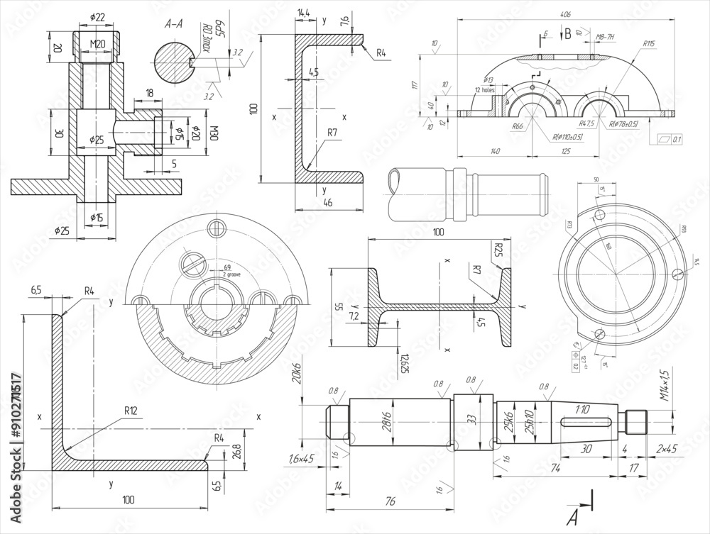 Vector engineering drawing of steel mechanical parts 
with through holes and dimension lines. Industrial 
cad scheme on paper sheet. Technology background.