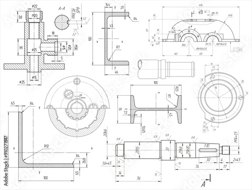 Vector engineering drawing of steel mechanical parts 
with through holes and dimension lines. Industrial 
cad scheme on paper sheet. Technology background.