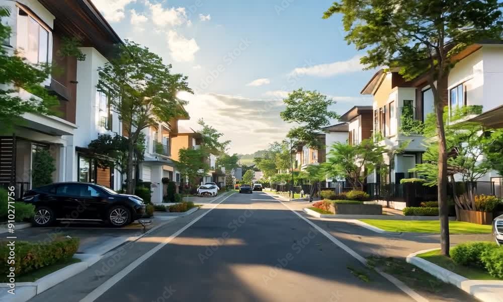 Suburban Street with Modern Houses and Lush Greenery Suburban Street with Modern Houses and Lush Greenery