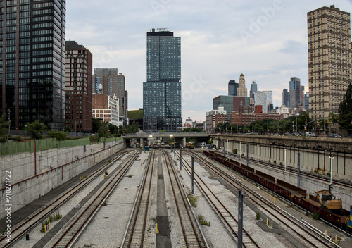 atlantic yards rail tracks (metro subway railroad ties) view with tall buildings in central downtown brooklyn new york city tranport large construction project