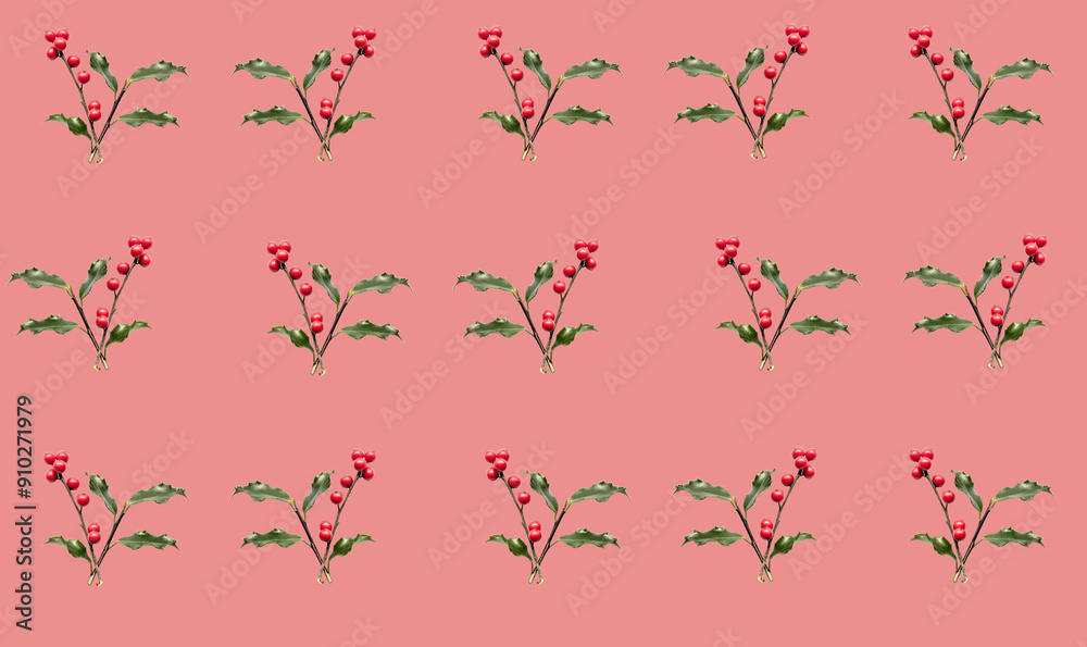 holly berries and leaves pattern on colored background (green leaf and red berry) holiday christmas theme repeating texture background wrapping paper holly berries and leaves pattern on colored background (green leaf and red berry) holiday christmas theme repeating texture background wrapping paper