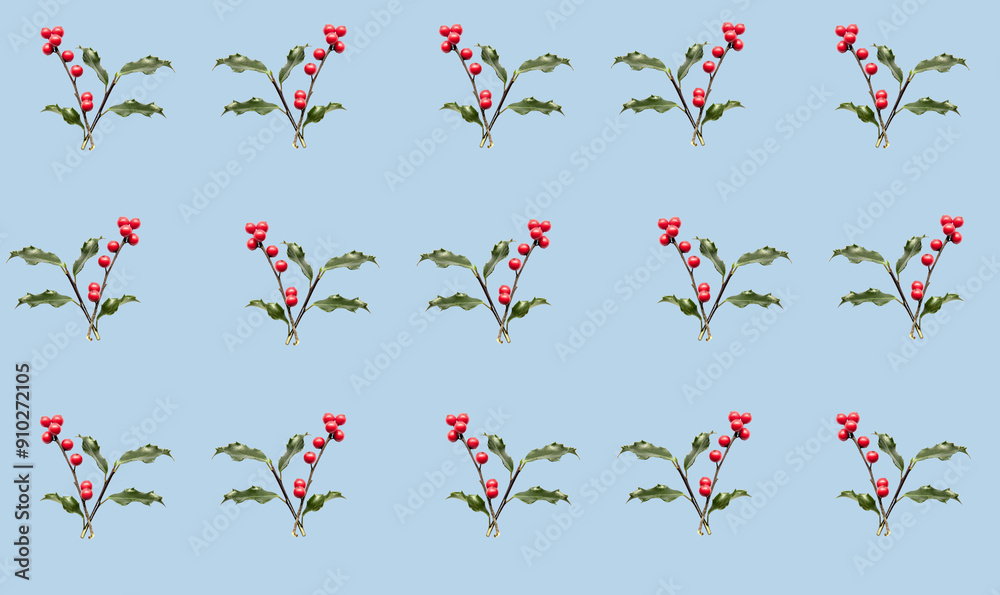 holly berries and leaves pattern on colored background (green leaf and red berry) holiday christmas theme repeating texture background wrapping paper holly berries and leaves pattern on colored background (green leaf and red berry) holiday christmas theme repeating texture background wrapping paper