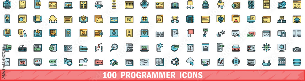 100 programmer icons set. Color line set of programmer vector icons thin line color flat on white 100 programmer icons set. Color line set of programmer vector icons thin line color flat on white