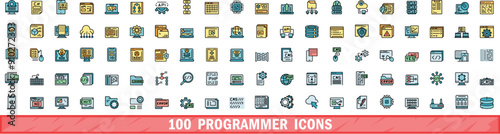 100 programmer icons set. Color line set of programmer vector icons thin line color flat on white