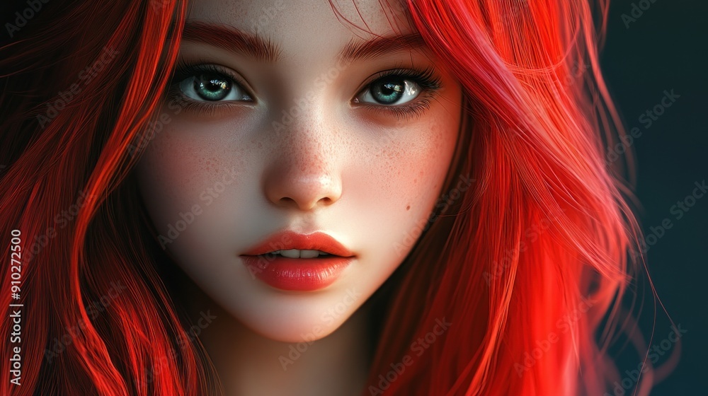 Face girl anime character 3D beautiful with red lips, red hair background wallpaper AI generated image Face girl anime character 3D beautiful with red lips, red hair background wallpaper AI generated image