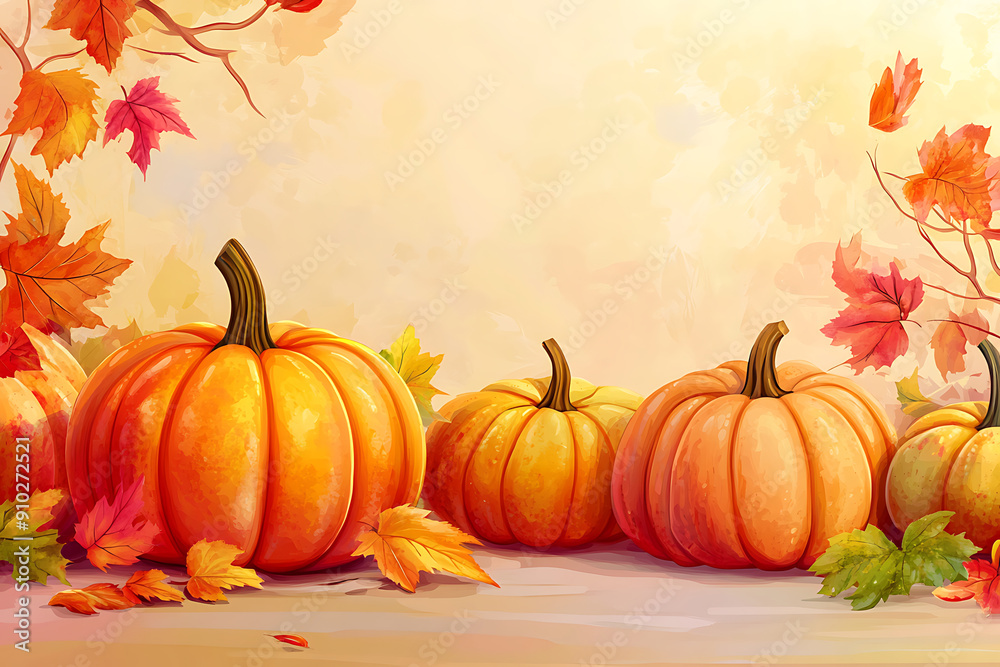 Thanksgiving poster with decorative design elements and blue sky background. Concept of halloween pumpkins on wooden planks with blur background. Thanksgiving poster with decorative design elements and blue sky background. Concept of halloween pumpkins on wooden planks with blur background.