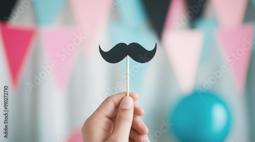 Hand holding mustache prop at festive party, colorful decoration, celebration, fun, playful event, party accessories concept