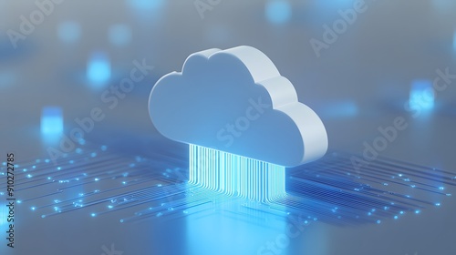 Conceptual image of cloud computing, data storage, and digital transformation showing a floating cloud with glowing data lines.