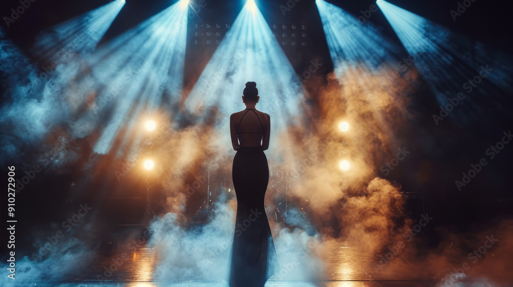 Silhouette of a woman in a black dress standing on stage with dramatic lighting and smoke effects. Concert performance scene. Design for poster, banner, wallpaper, print. Silhouette of a woman in a black dress standing on stage with dramatic lighting and smoke effects. Concert performance scene. Design for poster, banner, wallpaper, print.