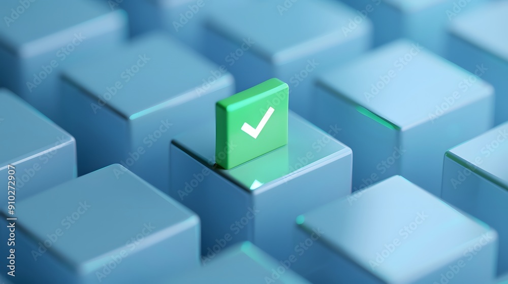 Conceptual image of green checkmark on blue cubes, symbolizing success, approval, and positive choice amidst uniform options. Conceptual image of green checkmark on blue cubes, symbolizing success, approval, and positive choice amidst uniform options.