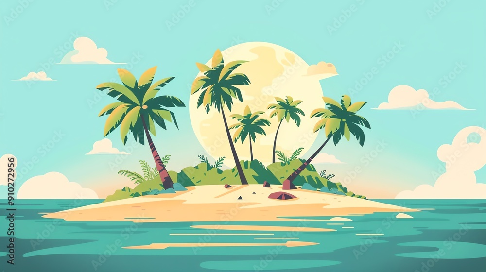 Obraz premium A serene tropical island with palm trees and a sandy beach under a bright sun. The perfect escape to paradise.