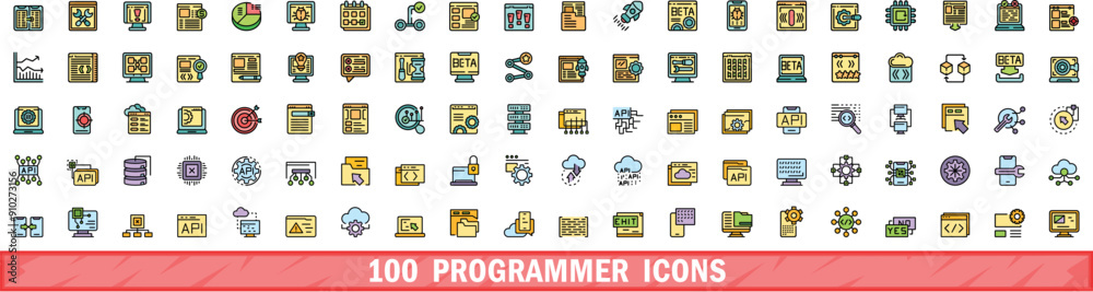 100 programmer icons set. Color line set of programmer vector icons thin line color flat on white 100 programmer icons set. Color line set of programmer vector icons thin line color flat on white