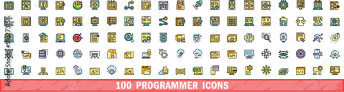100 programmer icons set. Color line set of programmer vector icons thin line color flat on white