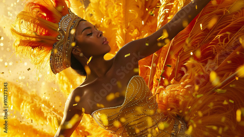 Samba dancer in a flamboyantly feathered costume  celebrates Brazils Independence Day. Woman in elaborate carnival costume with feathers and glitter posing against golden background.  photo