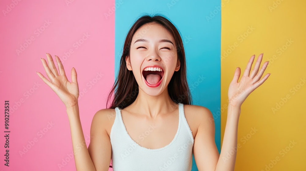 Celebrating Asian woman with raised hands and open mouth, shouting good news on a colorful single-tone background. Celebrating Asian woman with raised hands and open mouth, shouting good news on a colorful single-tone background.
