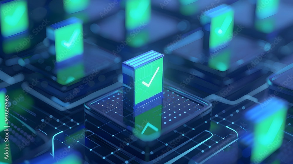 Digital circuit board with green check marks, representing approval or validated data in a technological context. Digital circuit board with green check marks, representing approval or validated data in a technological context.