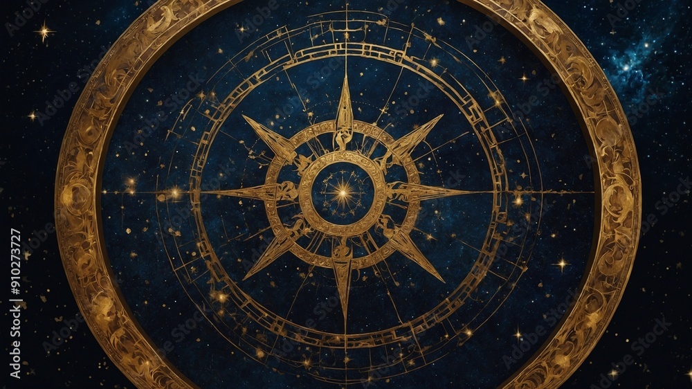 Ornate astrolabe dominates image against starry night sky backdrop. Its intricate design features concentric circles, zodiac signs, celestial pointers. Golden hues stand out against deep blue space.