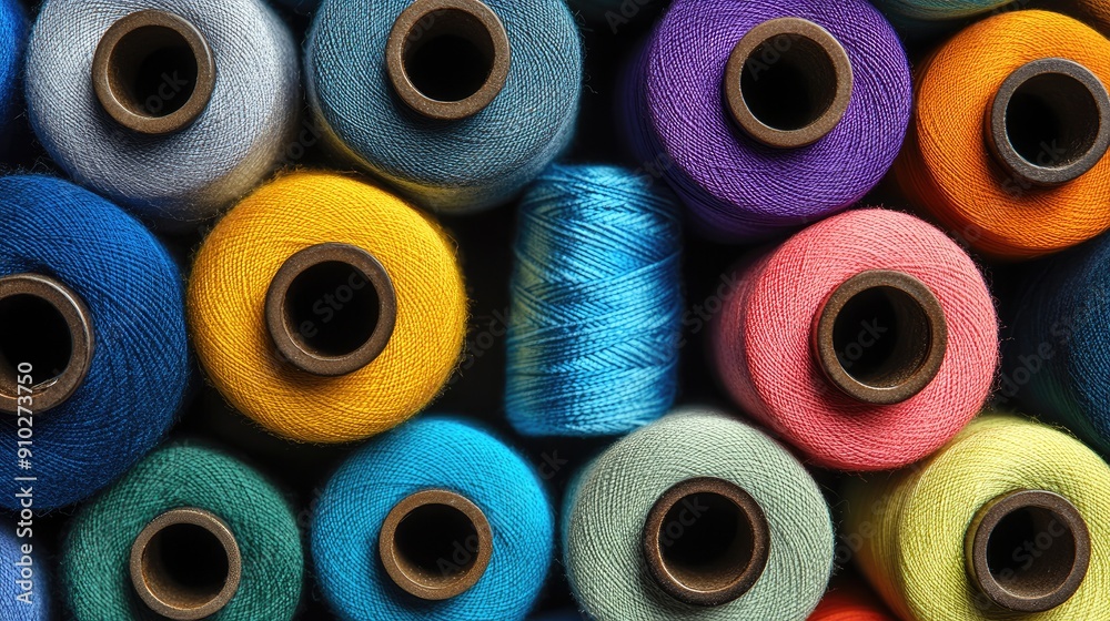 Close-up of a collection of colorful spools of thread, showcasing vibrant hues and textures Close-up of a collection of colorful spools of thread, showcasing vibrant hues and textures