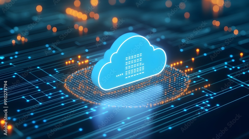 Digital cloud computing and data storage concept with glowing cloud symbol in futuristic circuit infrastructure. Digital cloud computing and data storage concept with glowing cloud symbol in futuristic circuit infrastructure.