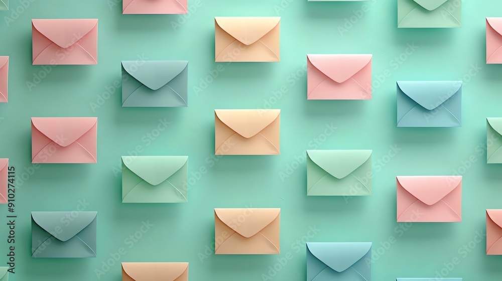 Three dimensional pattern of rows of pastel colored envelopes flat laid against green background Three dimensional pattern of rows of pastel colored envelopes flat laid against green background
